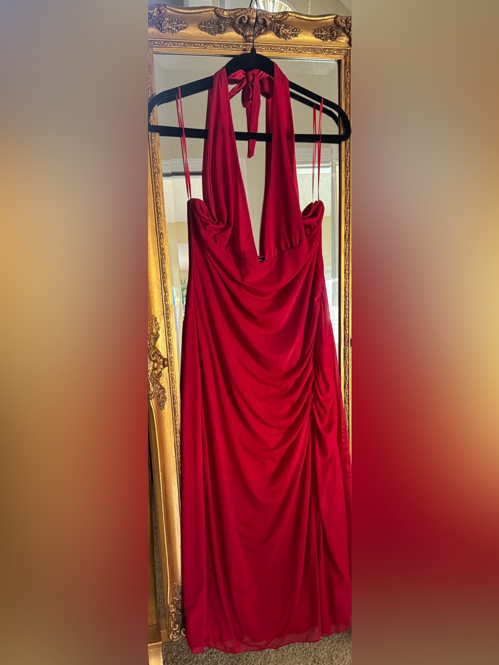 Urban Outfitters Red Halter Neck Mesh Dress with Slit